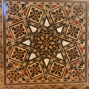 Middle Eastern Large Inlaid Wood Micro Mosaic mother pearl jewelry box vintage